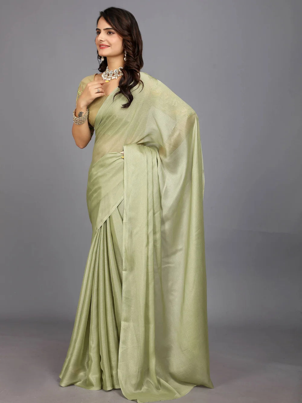 Light Green Bollywood Solid Silk Blend Saree