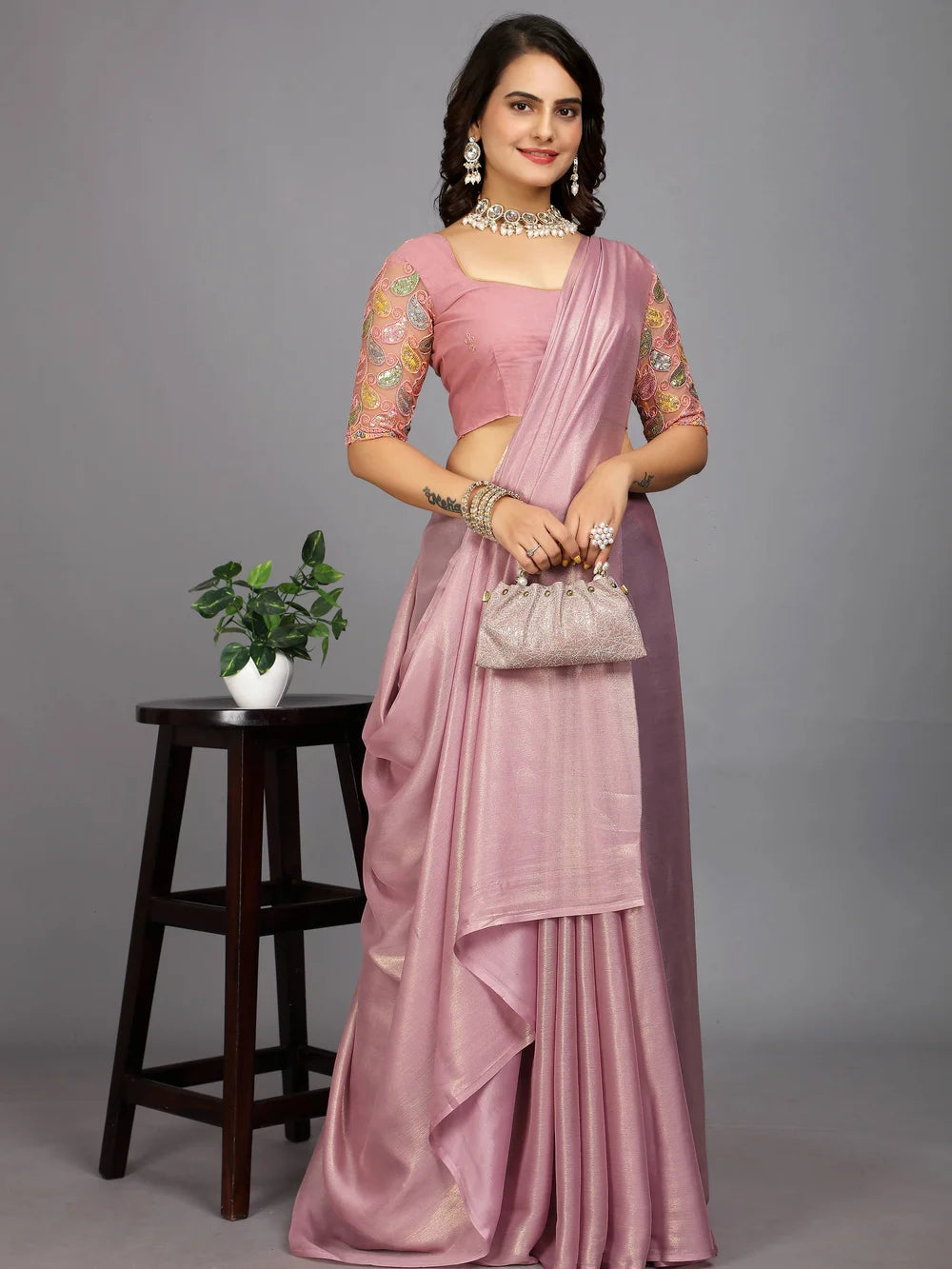 Pink Color Bollywood Plain Silk Blend Saree