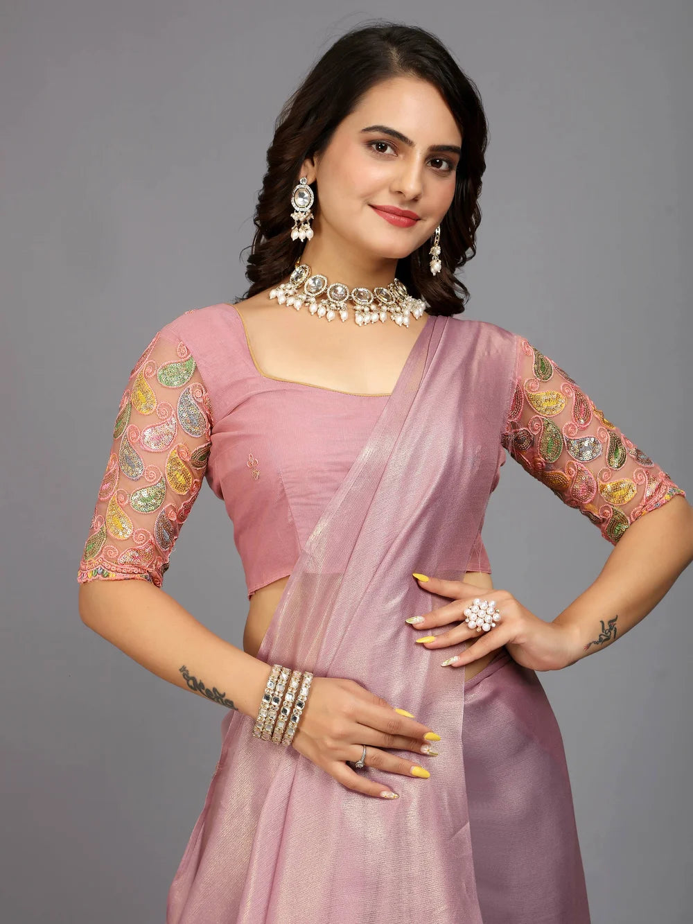 Pink Color Bollywood Plain Silk Blend Saree