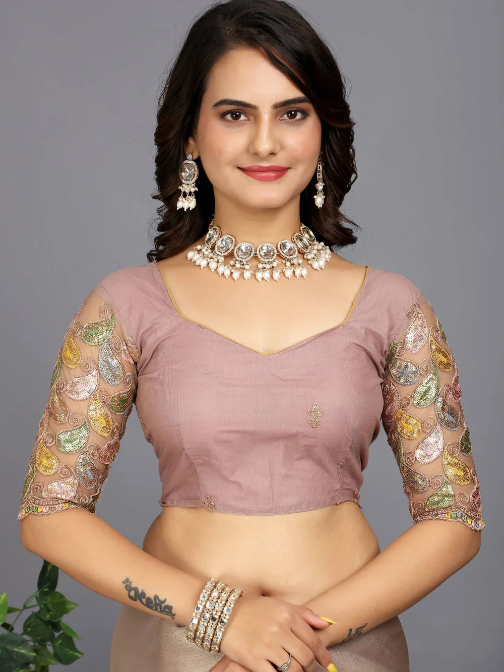 Beige Color Bollywood Plain Silk Blend Saree
