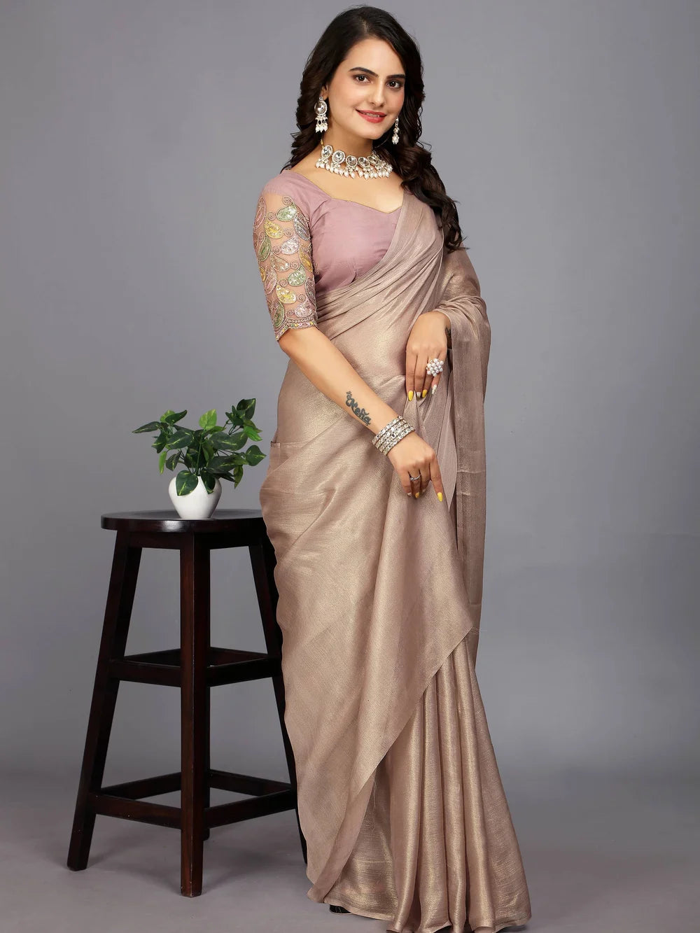 Beige Color Bollywood Plain Silk Blend Saree