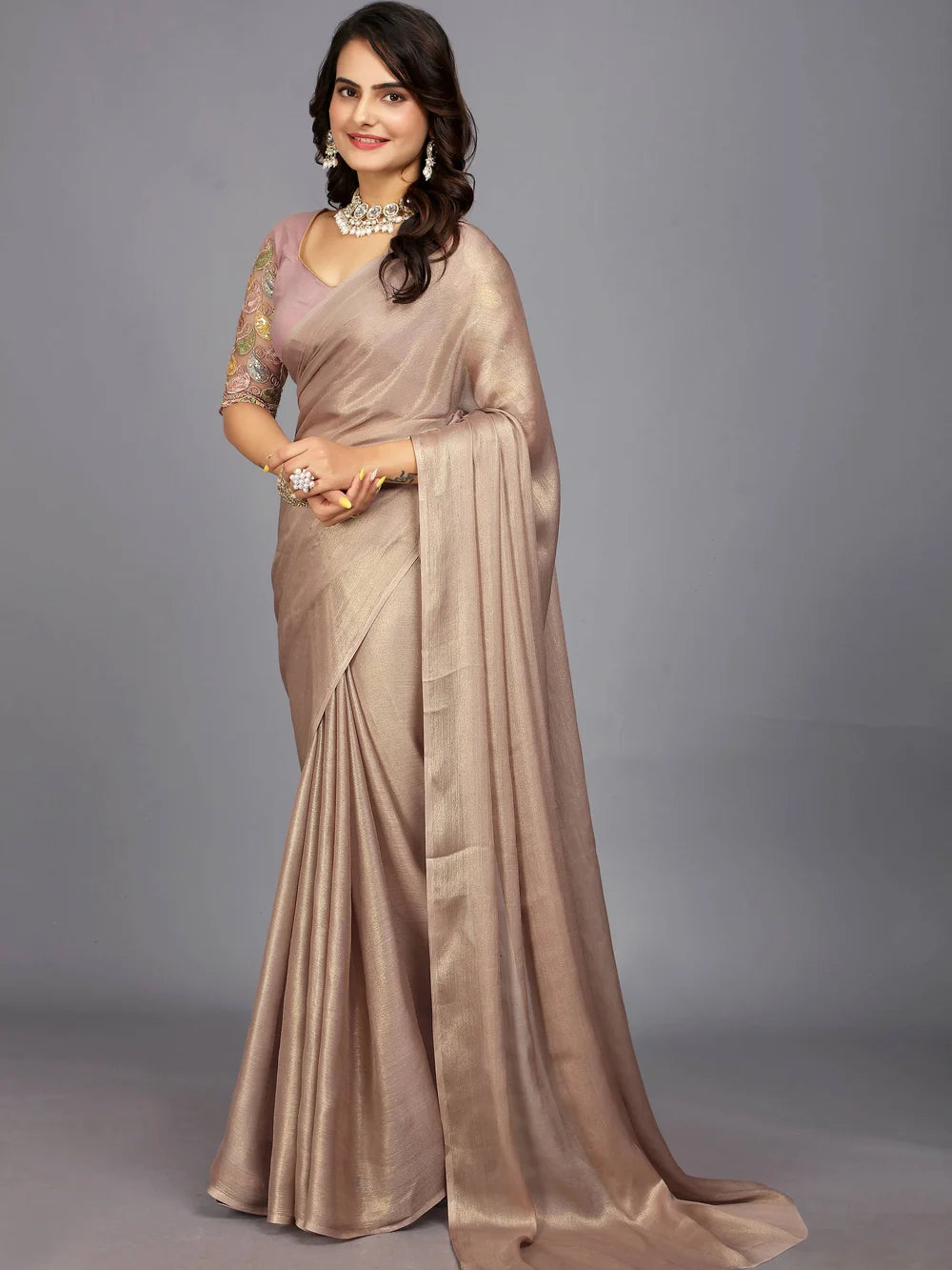 Beige Color Bollywood Plain Silk Blend Saree