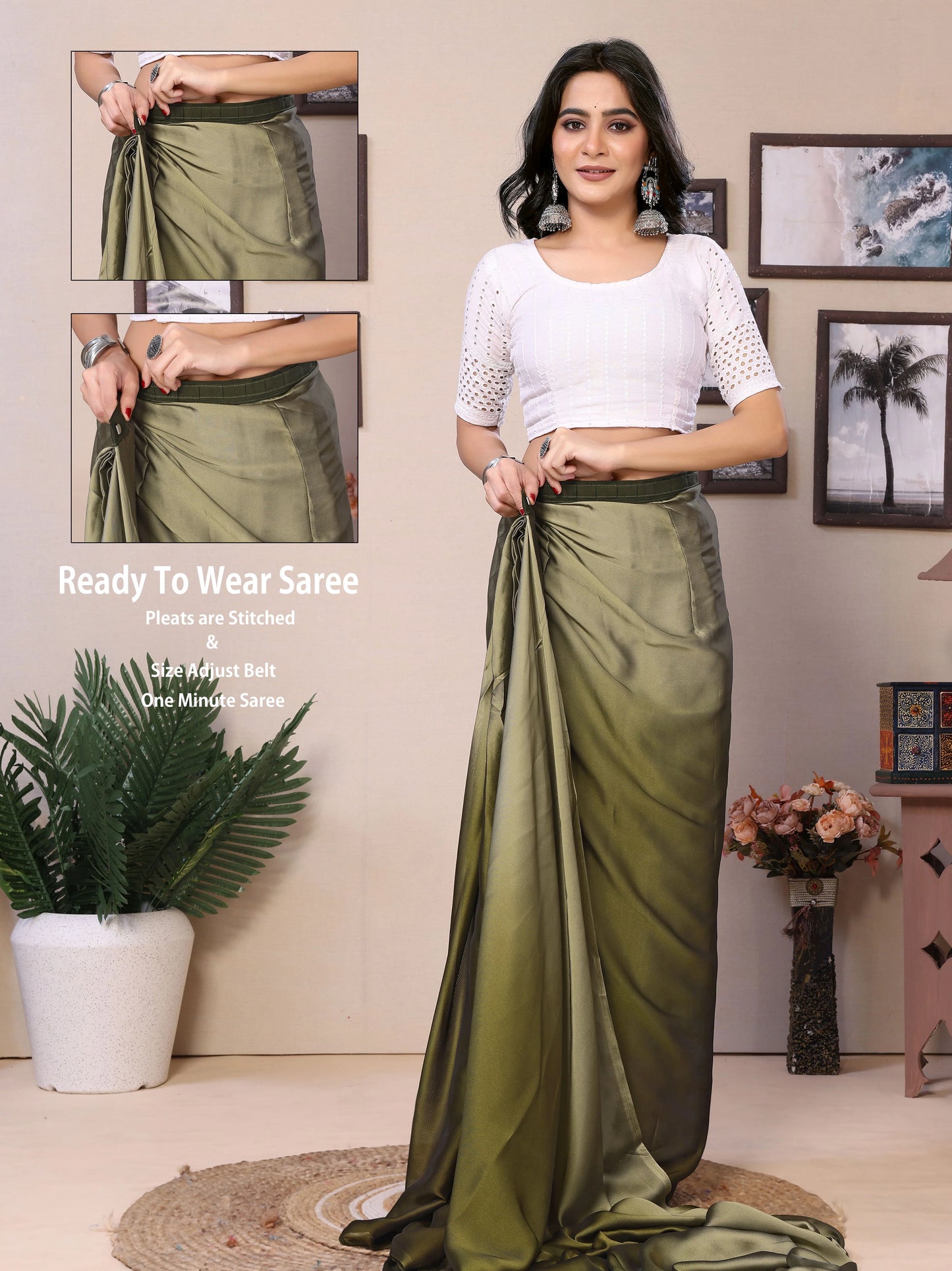 Quick ready satin saree mehendi green