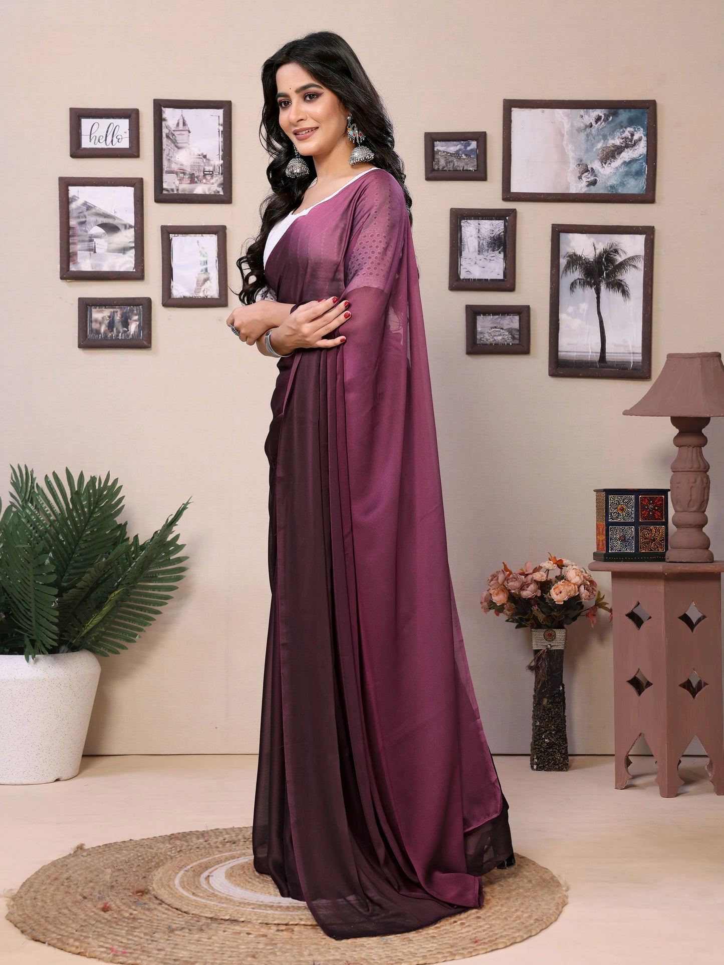 Rich maroon satin saree ready to wear