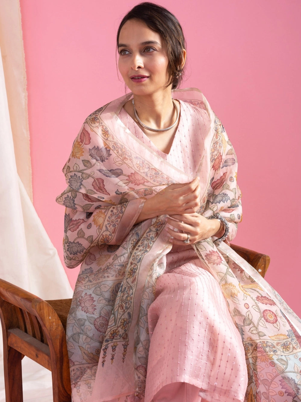 Pastel Pink Roman Silk V Neck Suit For Women - Rheycart