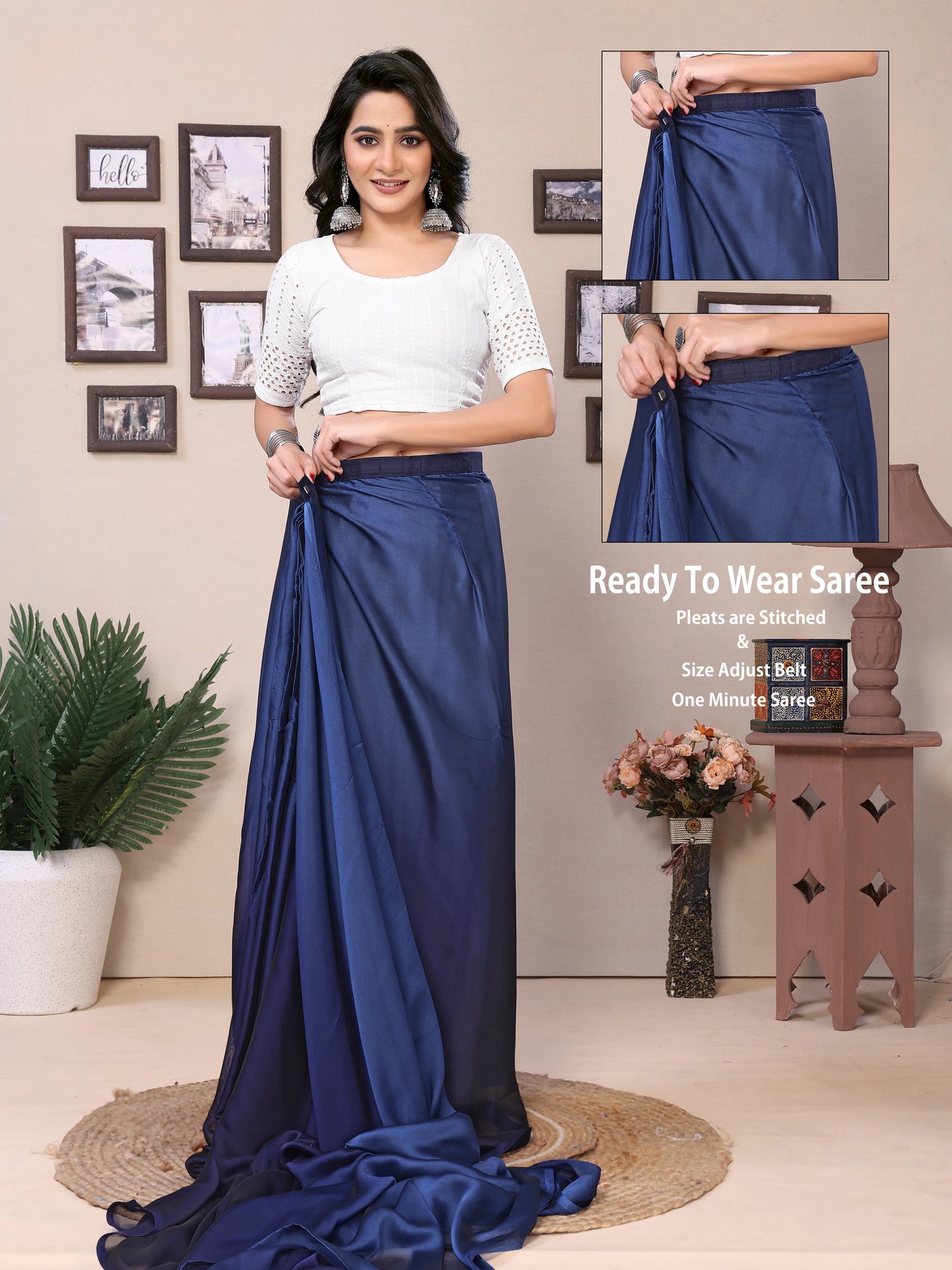 Ombre satin saree navy with blouse piece