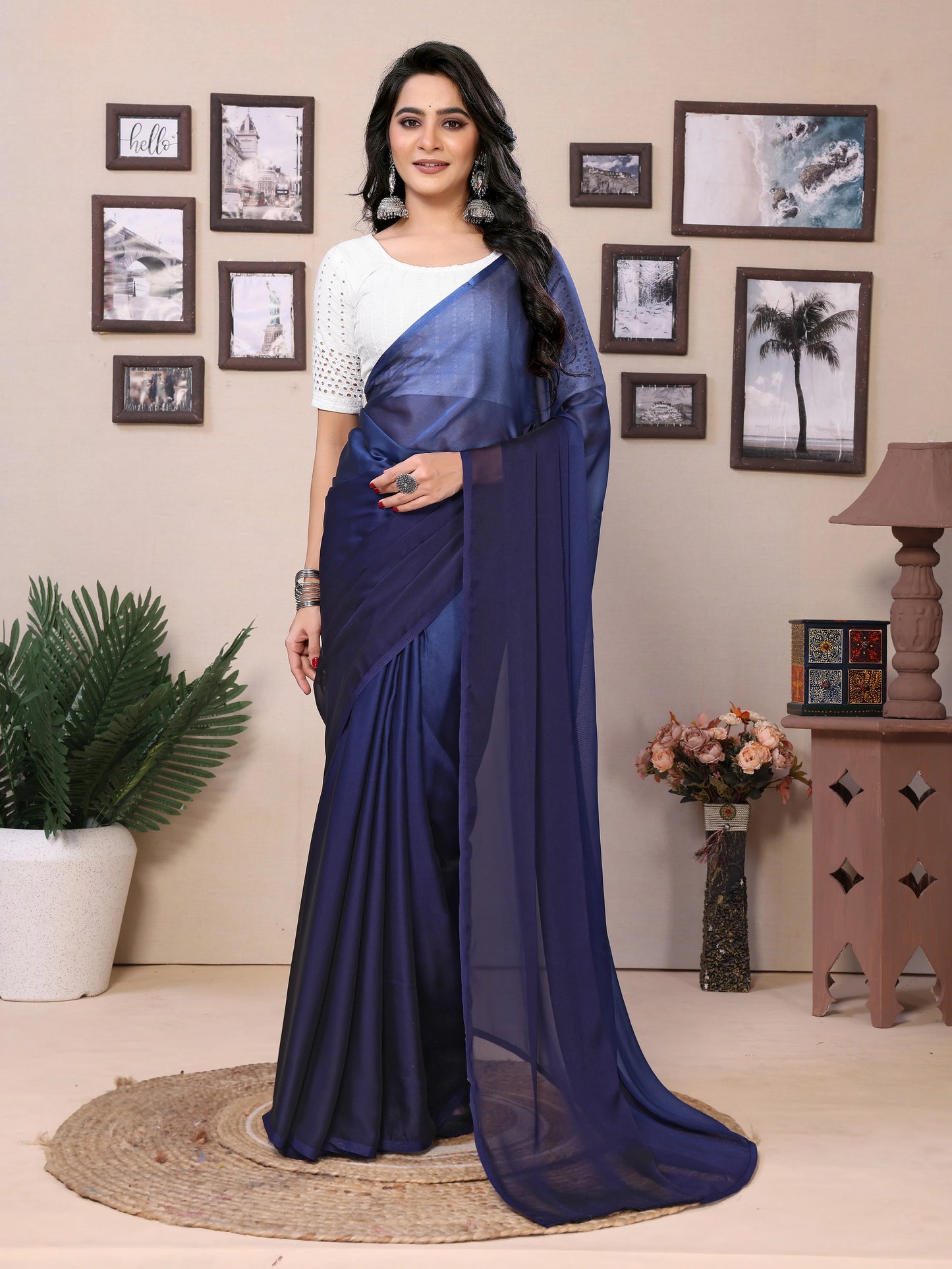 Satin navy blue ombre saree for women