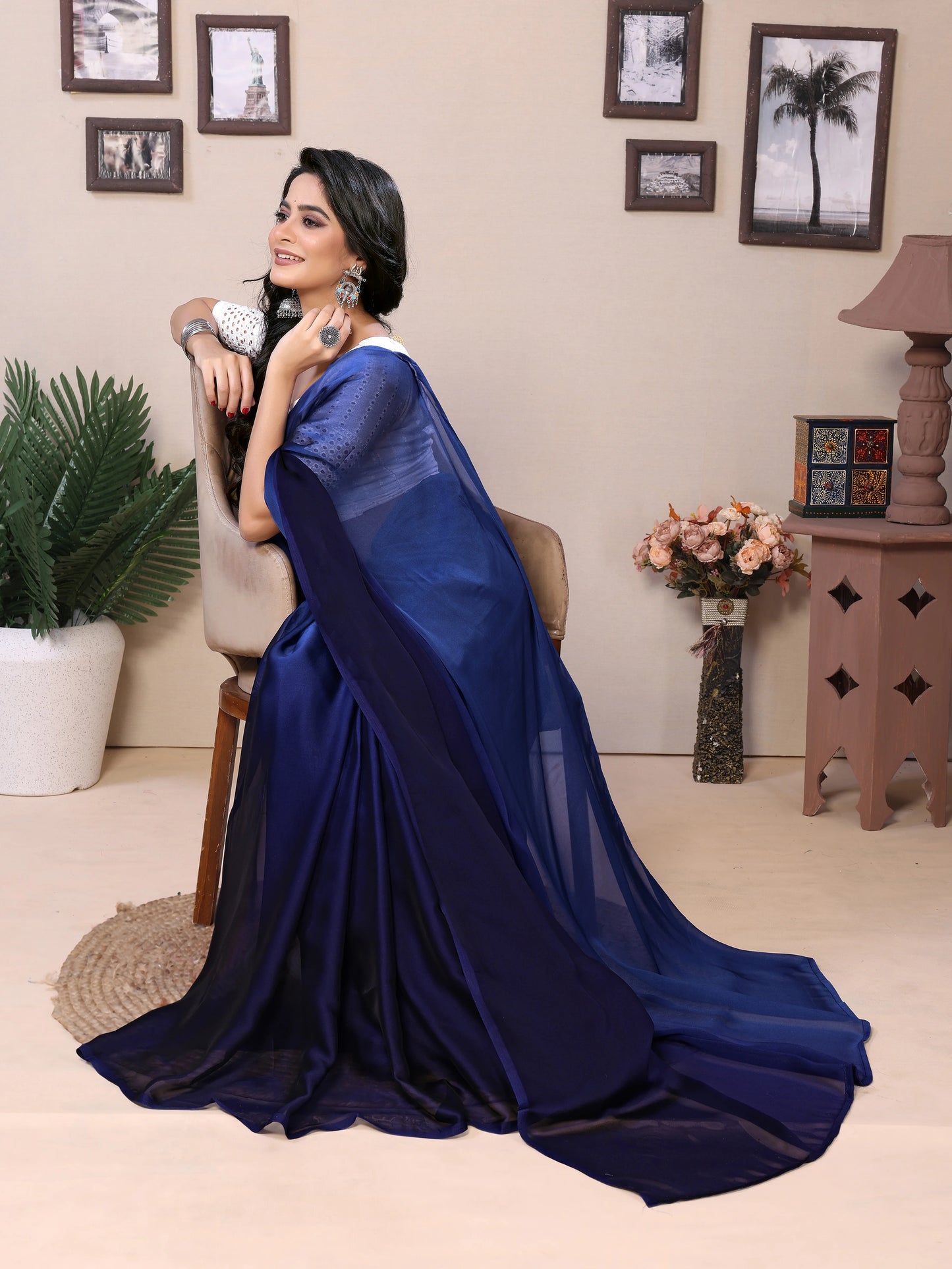 Navy ombre saree in satin with Chikankari blouse