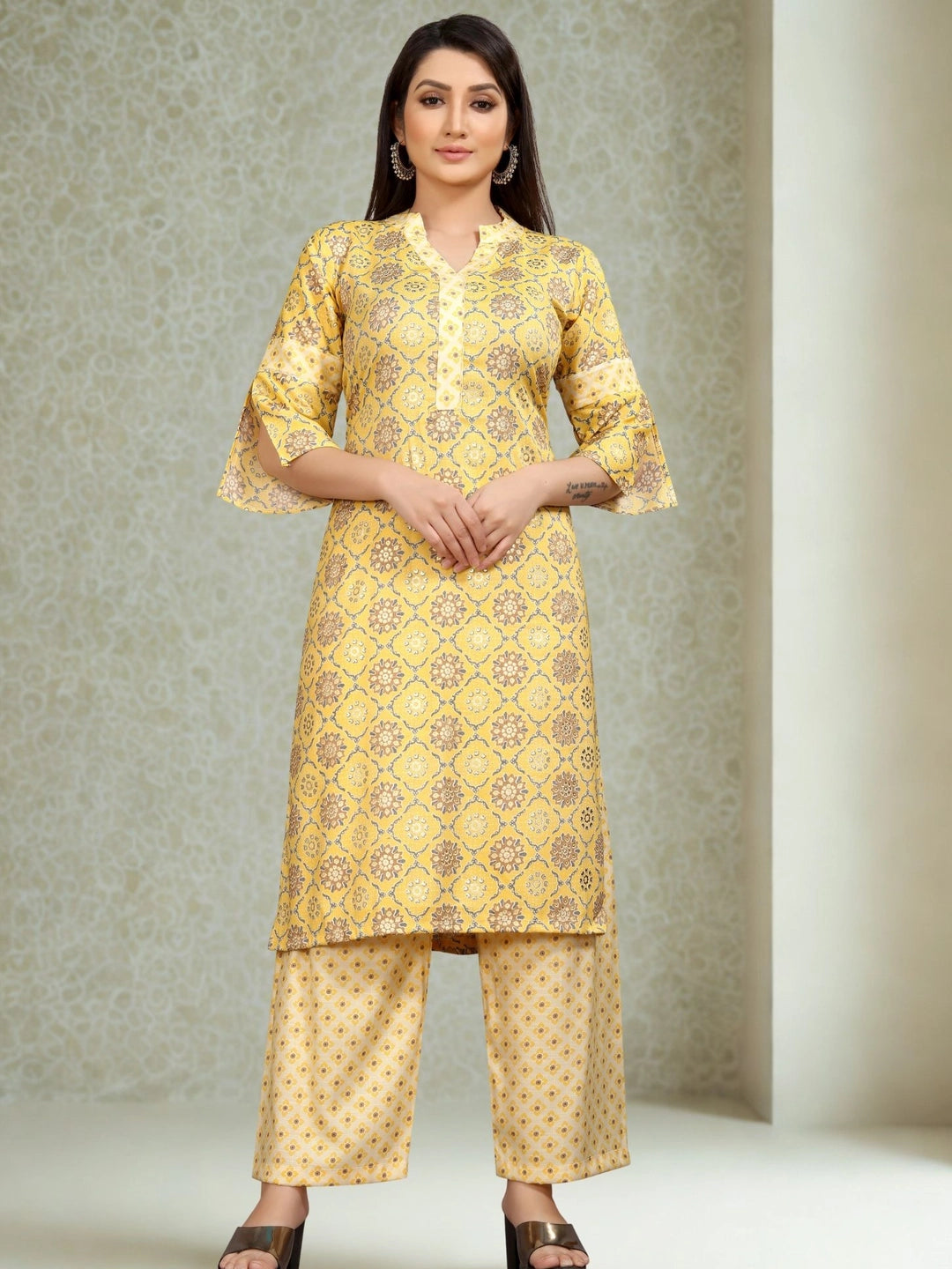 Yellow Floral Printed Kurta with Palazzo Set - Rheycart
