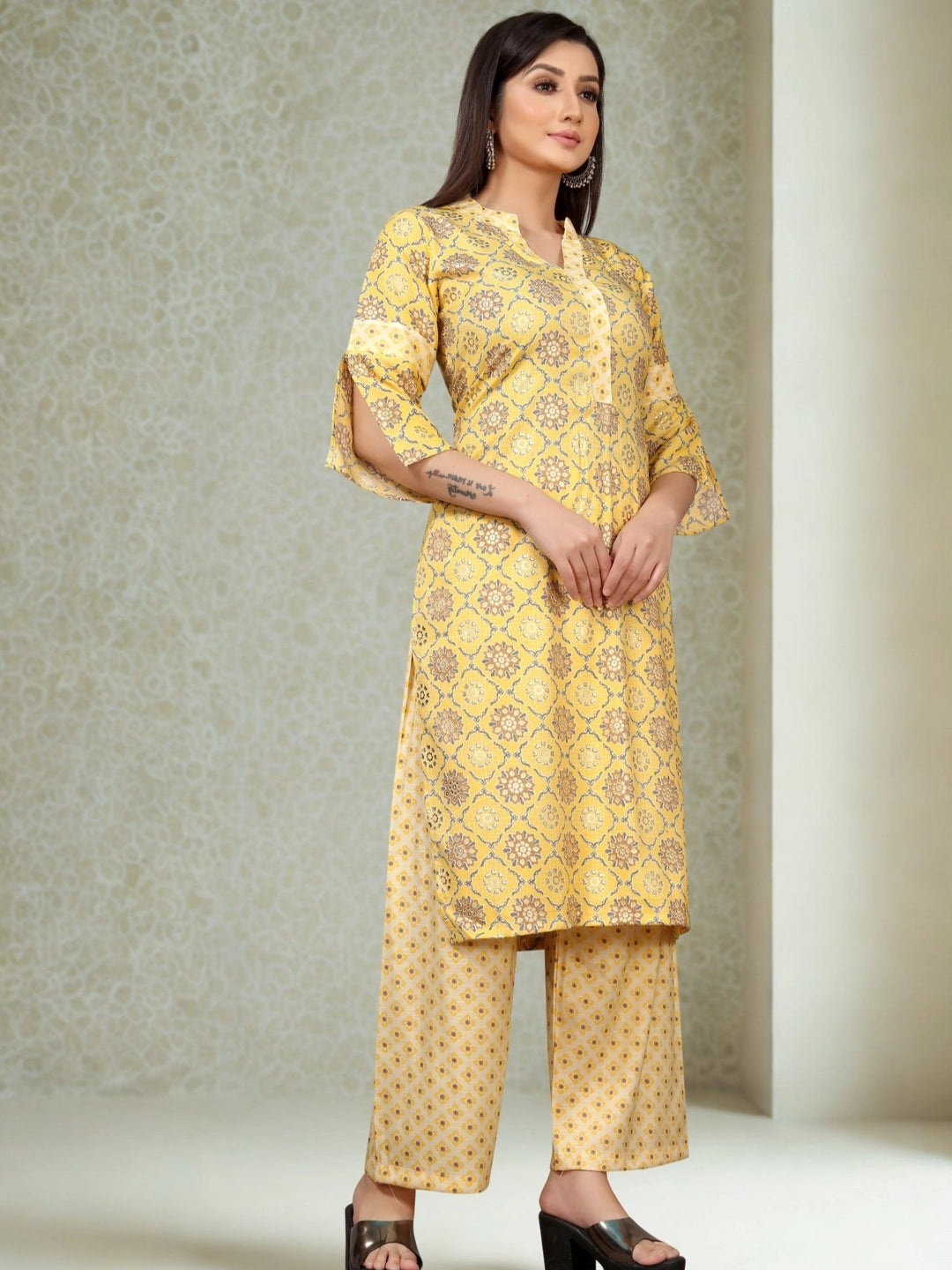 Yellow Floral Printed Kurta with Palazzo Set - Rheycart