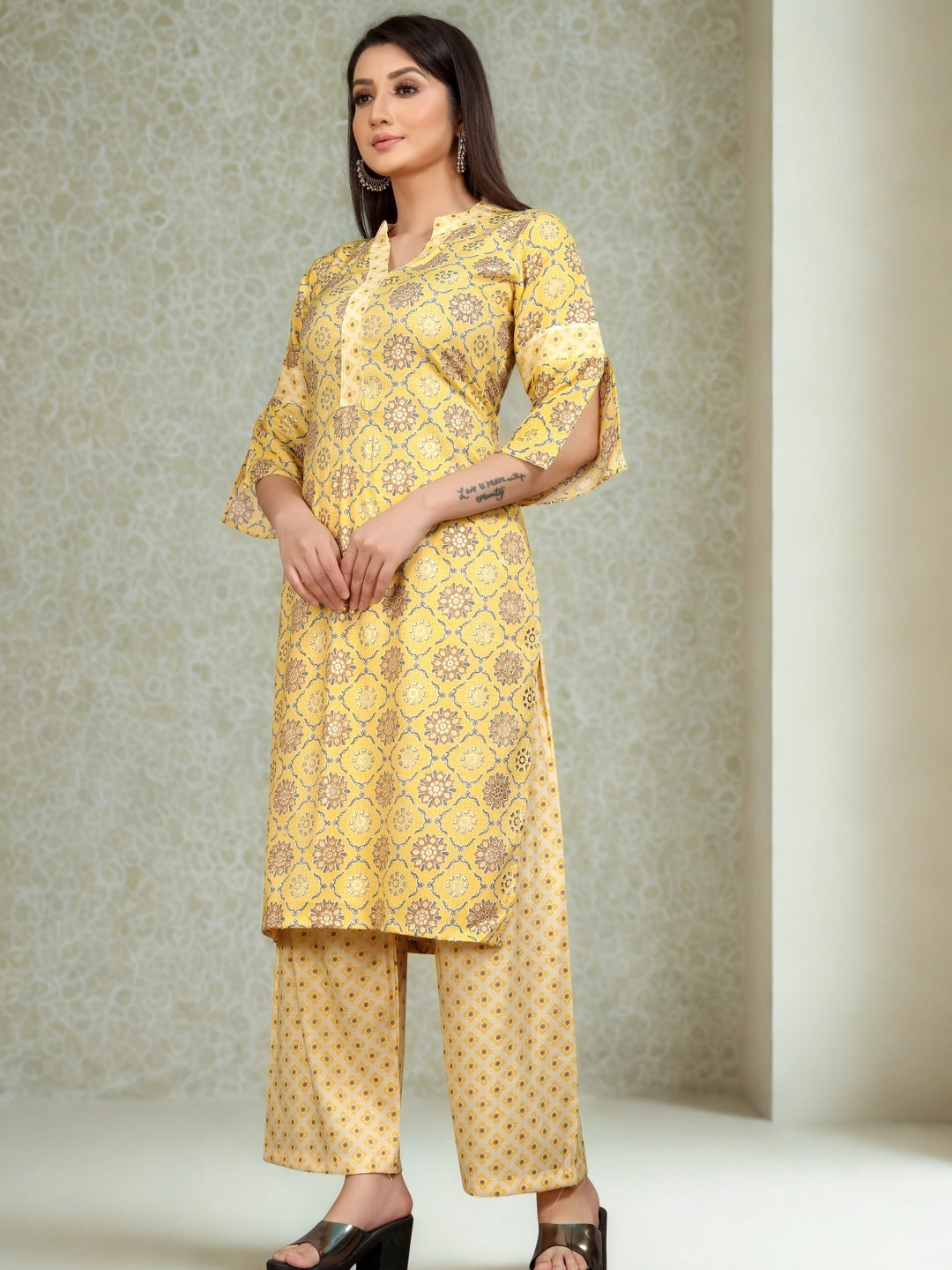 Yellow Floral Printed Kurta with Palazzo Set - Rheycart