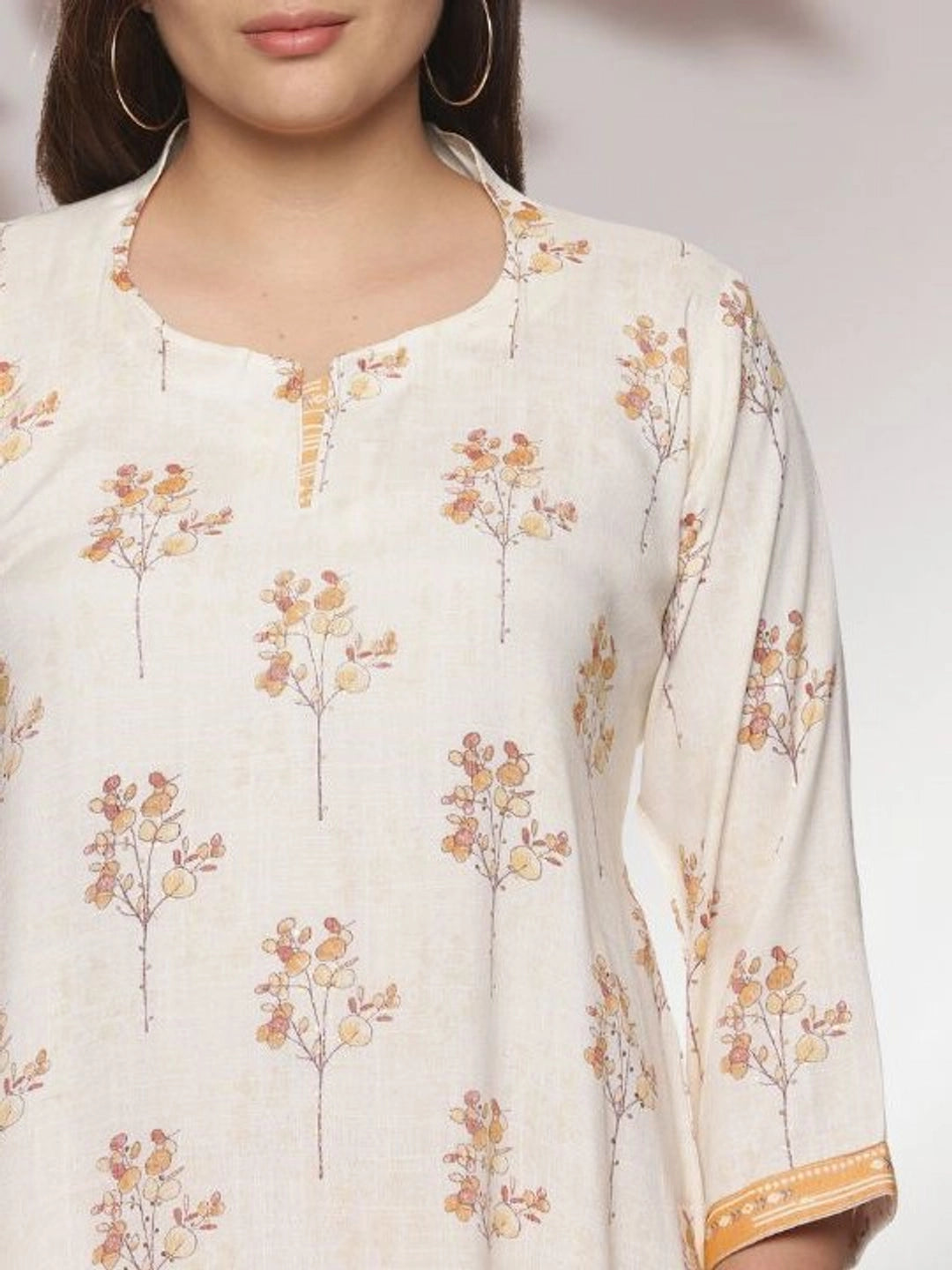 Floral Printed Cream Kurta with Mustard Striped Pants Set - Rheycart