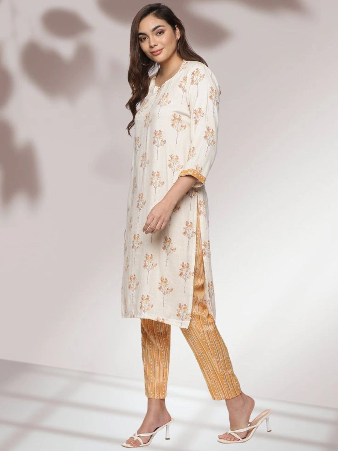 Floral Printed Cream Kurta with Mustard Striped Pants Set - Rheycart