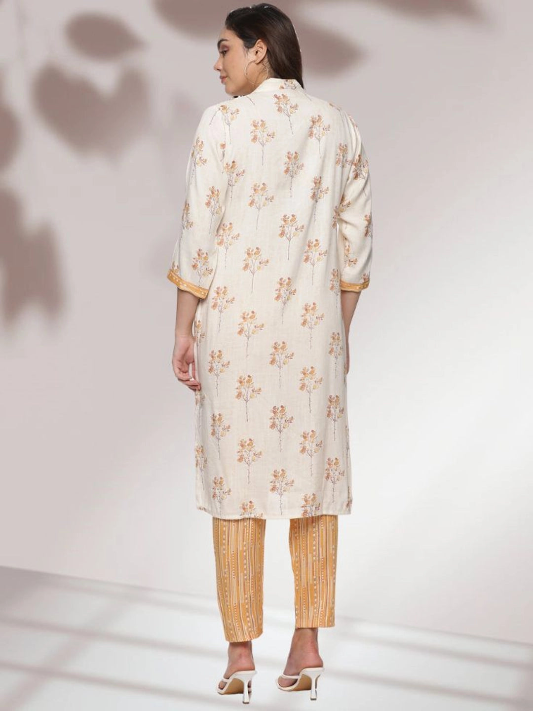 Floral Printed Cream Kurta with Mustard Striped Pants Set - Rheycart