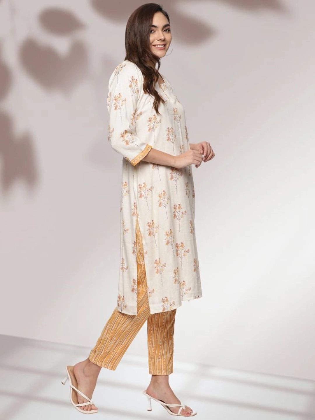 Floral Printed Cream Kurta with Mustard Striped Pants Set - Rheycart