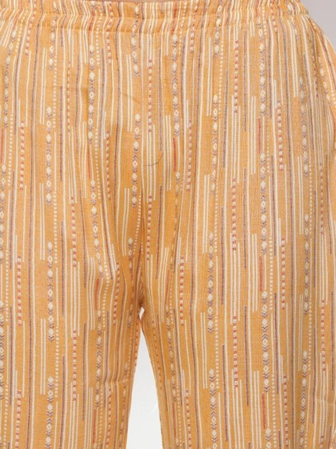 Floral Printed Cream Kurta with Mustard Striped Pants Set - Rheycart