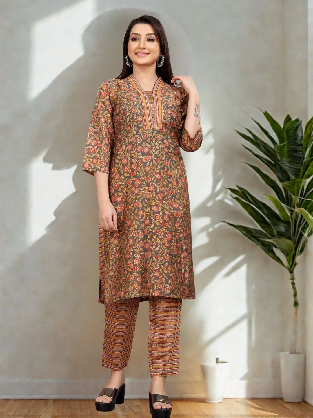 Floral Printed Kurta with Striped Pants - Rheycart
