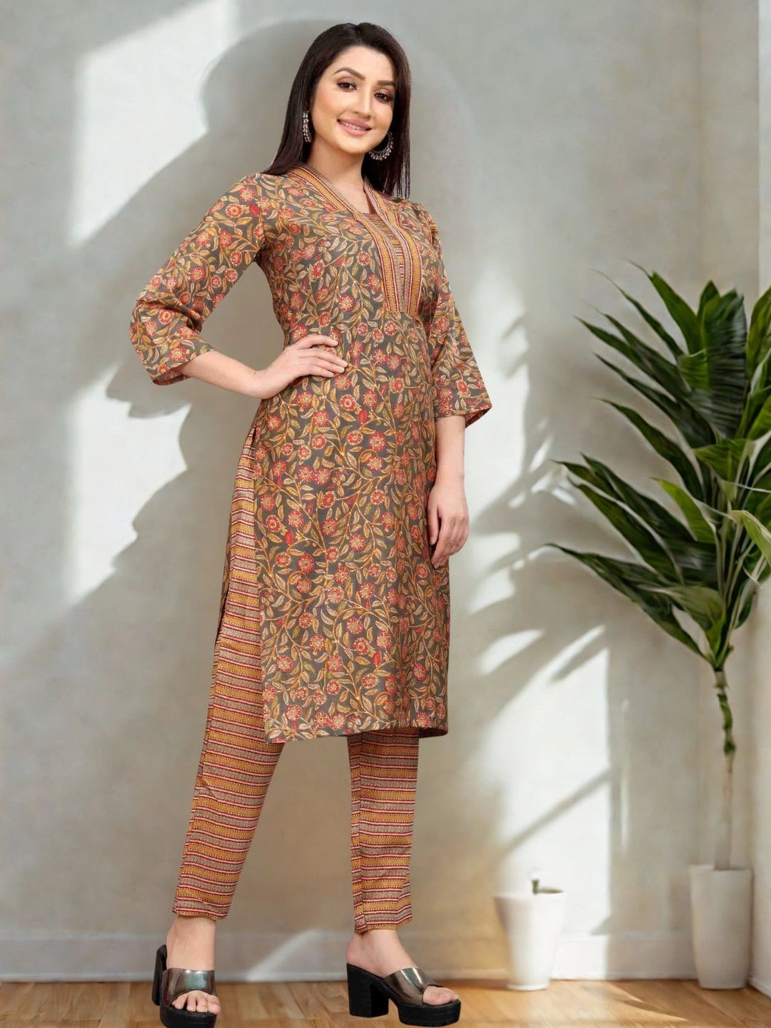 Floral Printed Kurta with Striped Pants - Rheycart