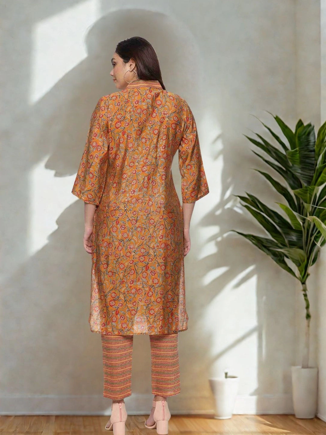 Elegant Mustard Floral Printed Kurta with Striped Pants Set - Rheycart