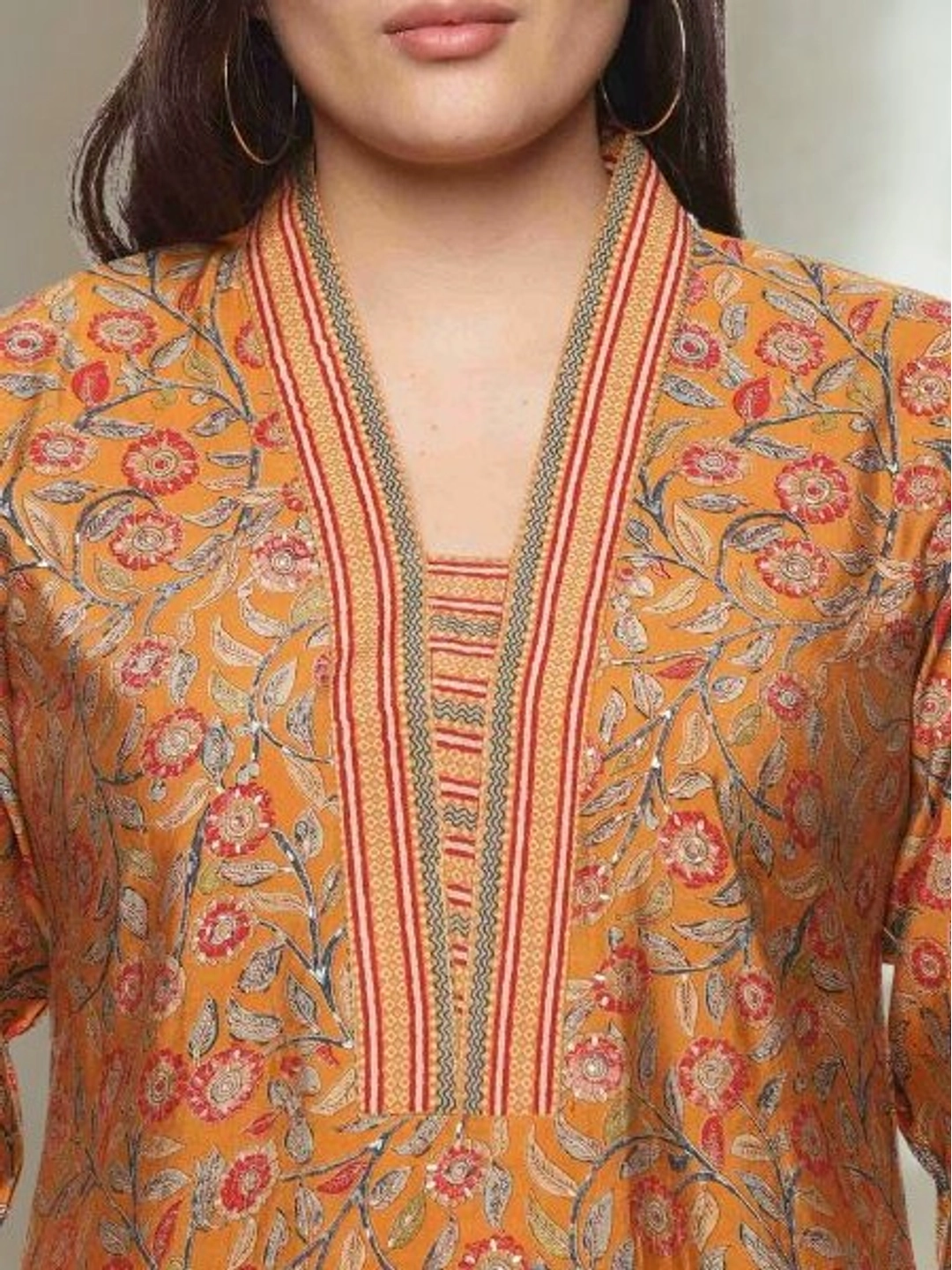 Elegant Mustard Floral Printed Kurta with Striped Pants Set - Rheycart
