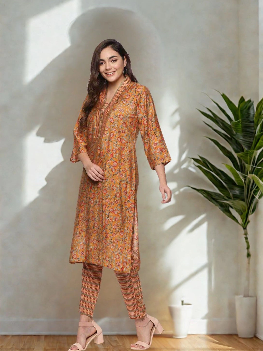 Elegant Mustard Floral Printed Kurta with Striped Pants Set - Rheycart