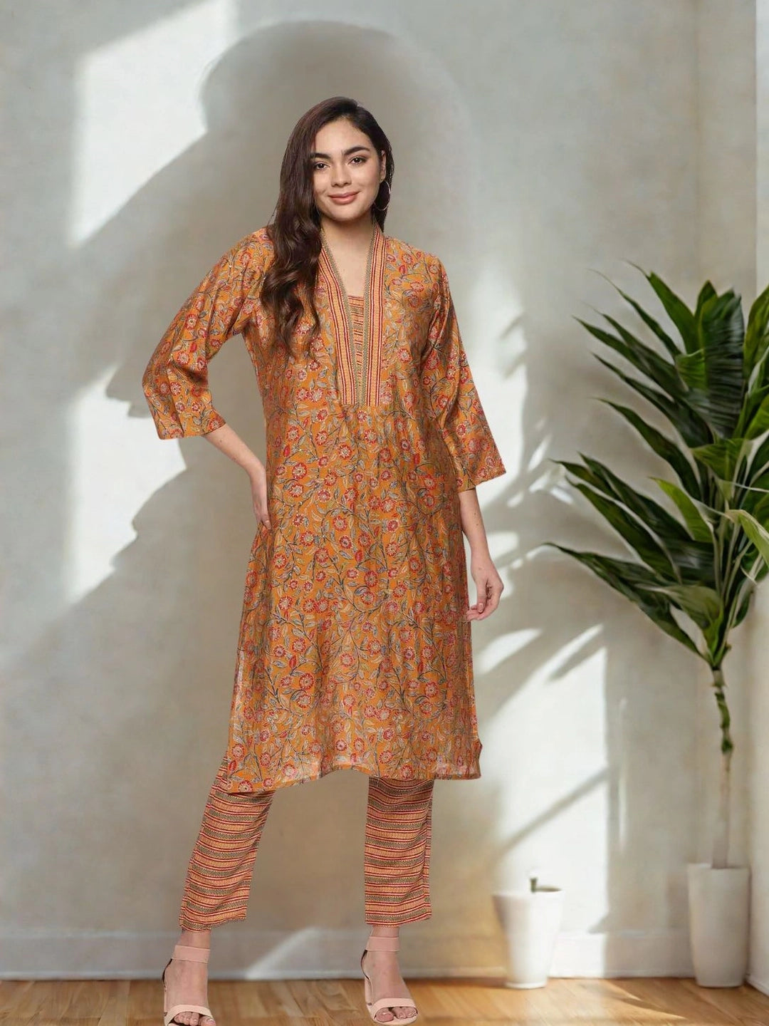 Elegant Mustard Floral Printed Kurta with Striped Pants Set - Rheycart