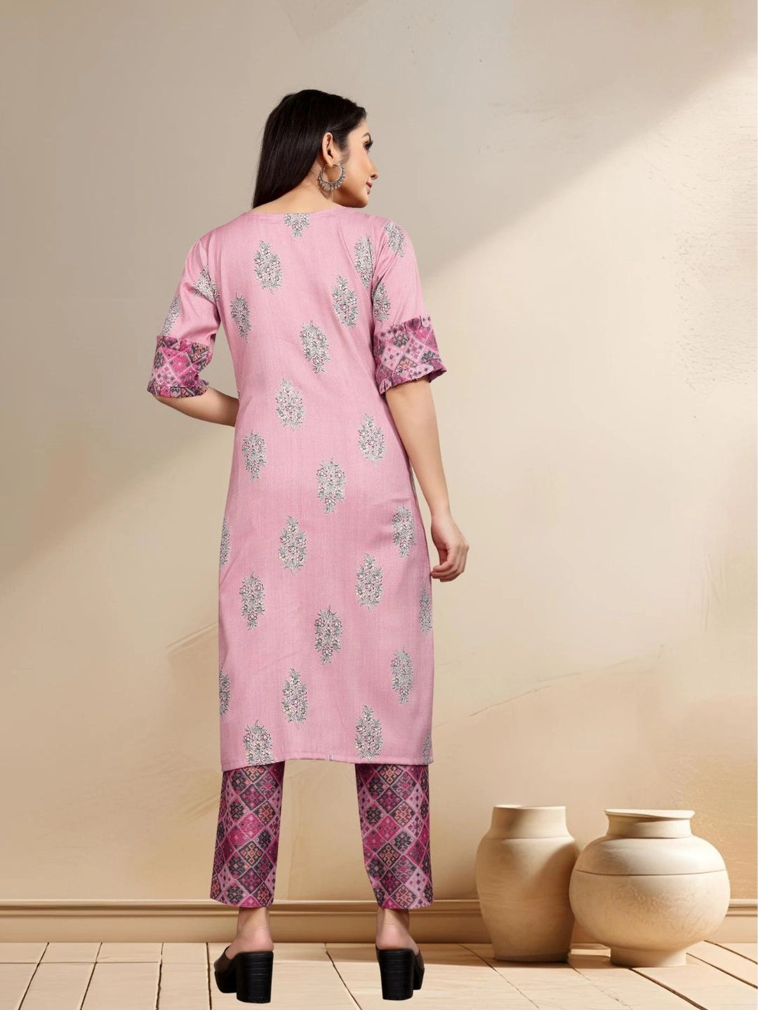 Pastel Pink Ethnic Kurta with Geometric Print Pants - Rheycart