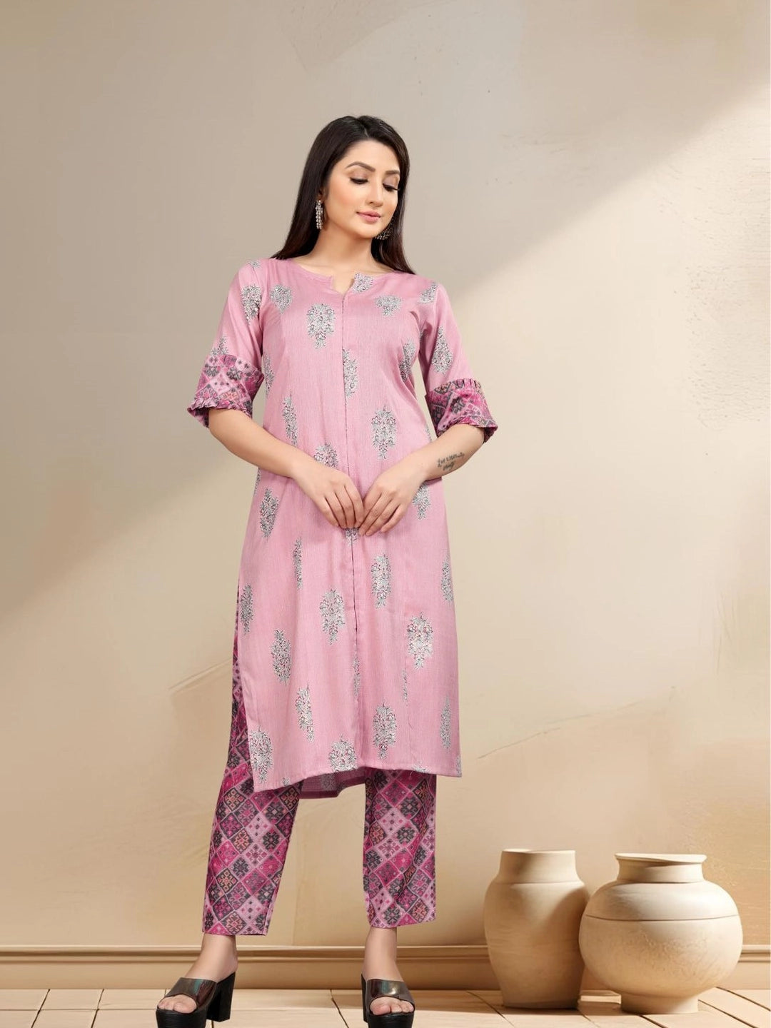 Pastel Pink Ethnic Kurta with Geometric Print Pants - Rheycart
