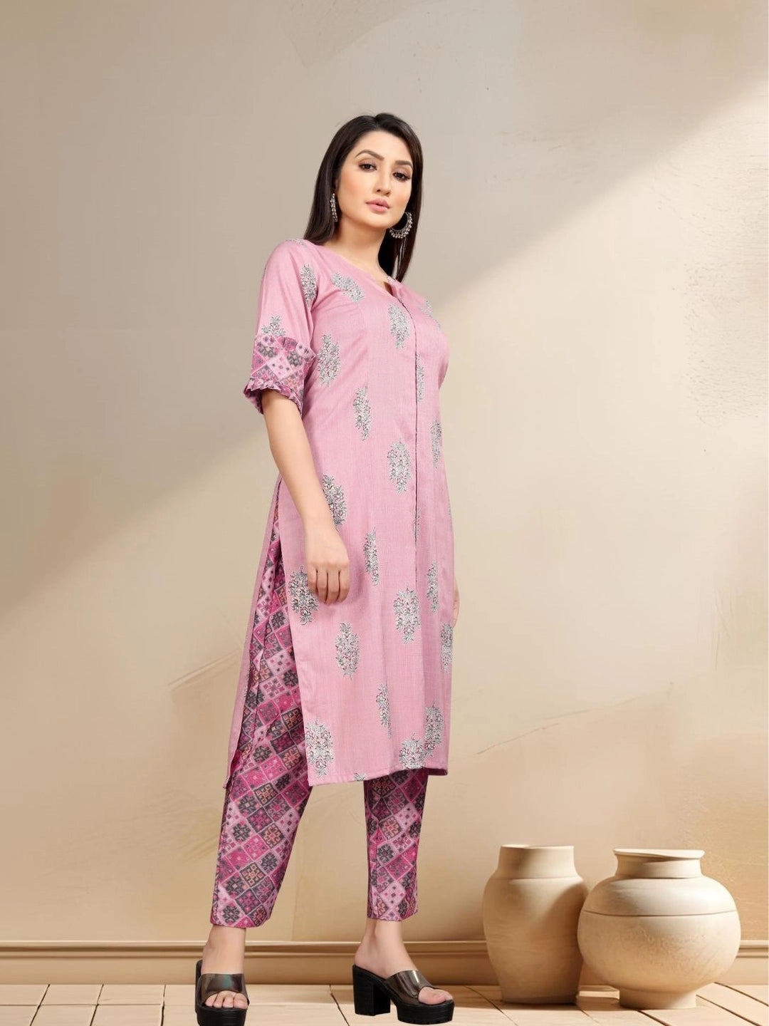Pastel Pink Ethnic Kurta with Geometric Print Pants - Rheycart