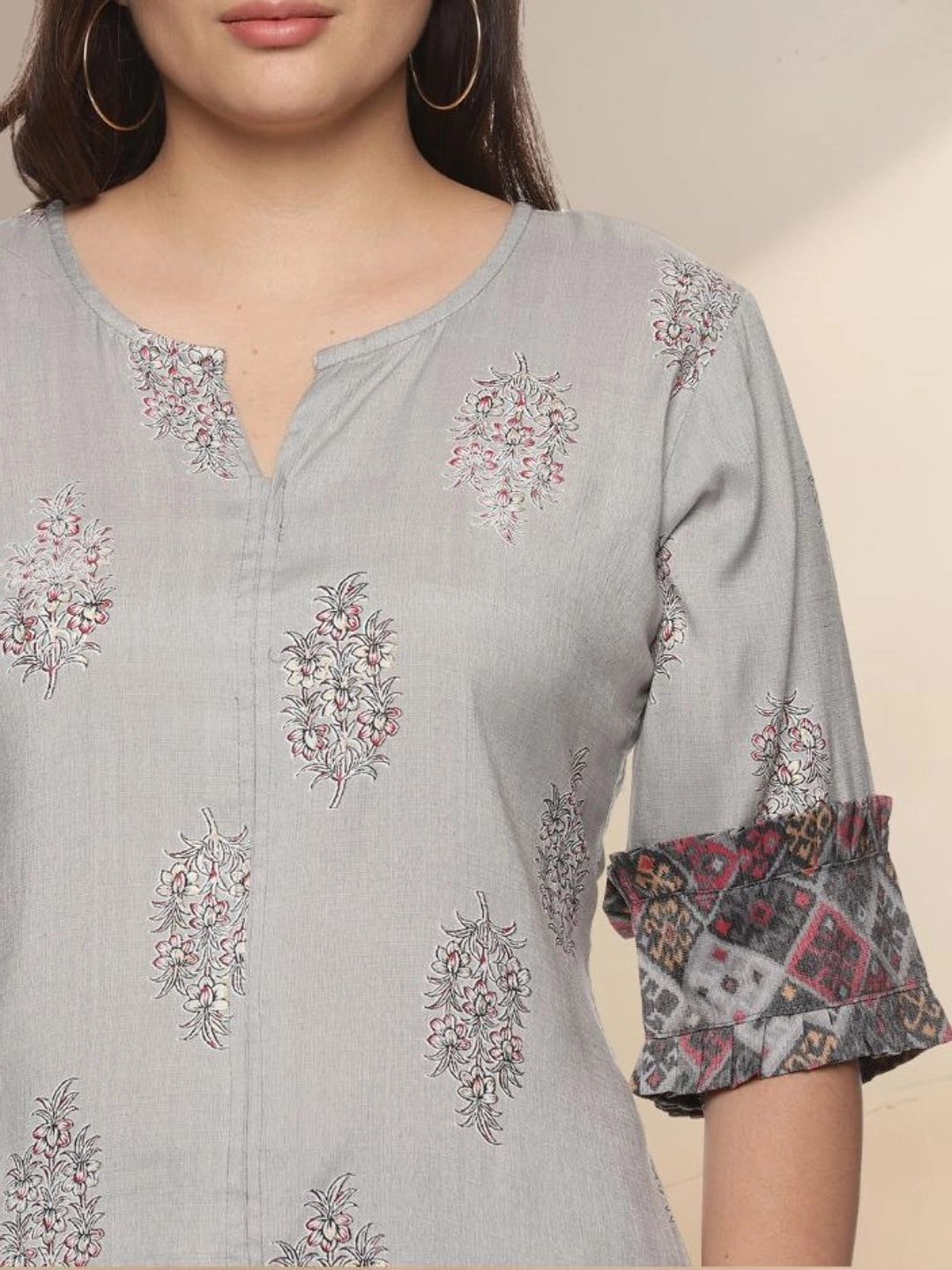 Elegant Grey Floral Printed Kurti With Pants Set - Rheycart