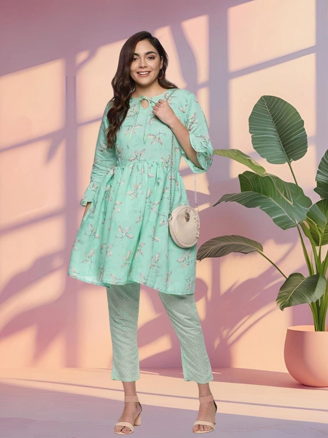 Mint Green Floral Printed Tunic with Pants for Women - Rheycart