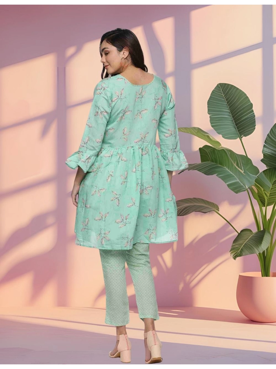 Mint Green Floral Printed Tunic with Pants for Women - Rheycart