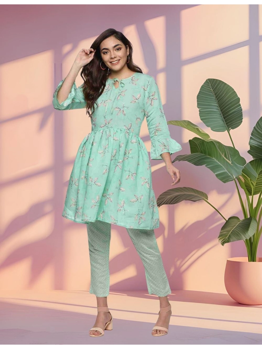 Mint Green Floral Printed Tunic with Pants for Women - Rheycart