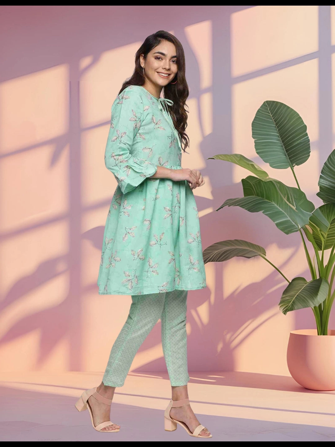 Mint Green Floral Printed Tunic with Pants for Women - Rheycart