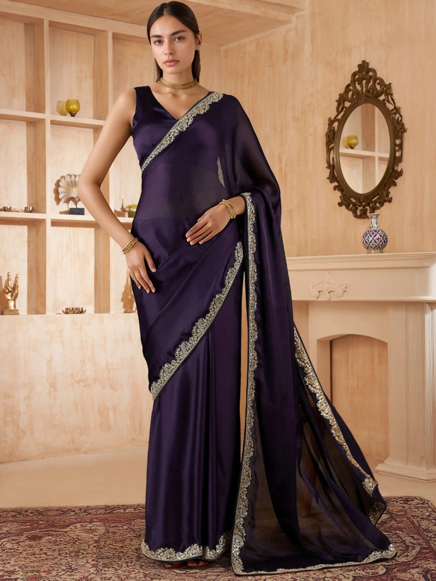 Plain Silk Saree in Bollywood Style Paired with Plain Blouse - Rheycart
