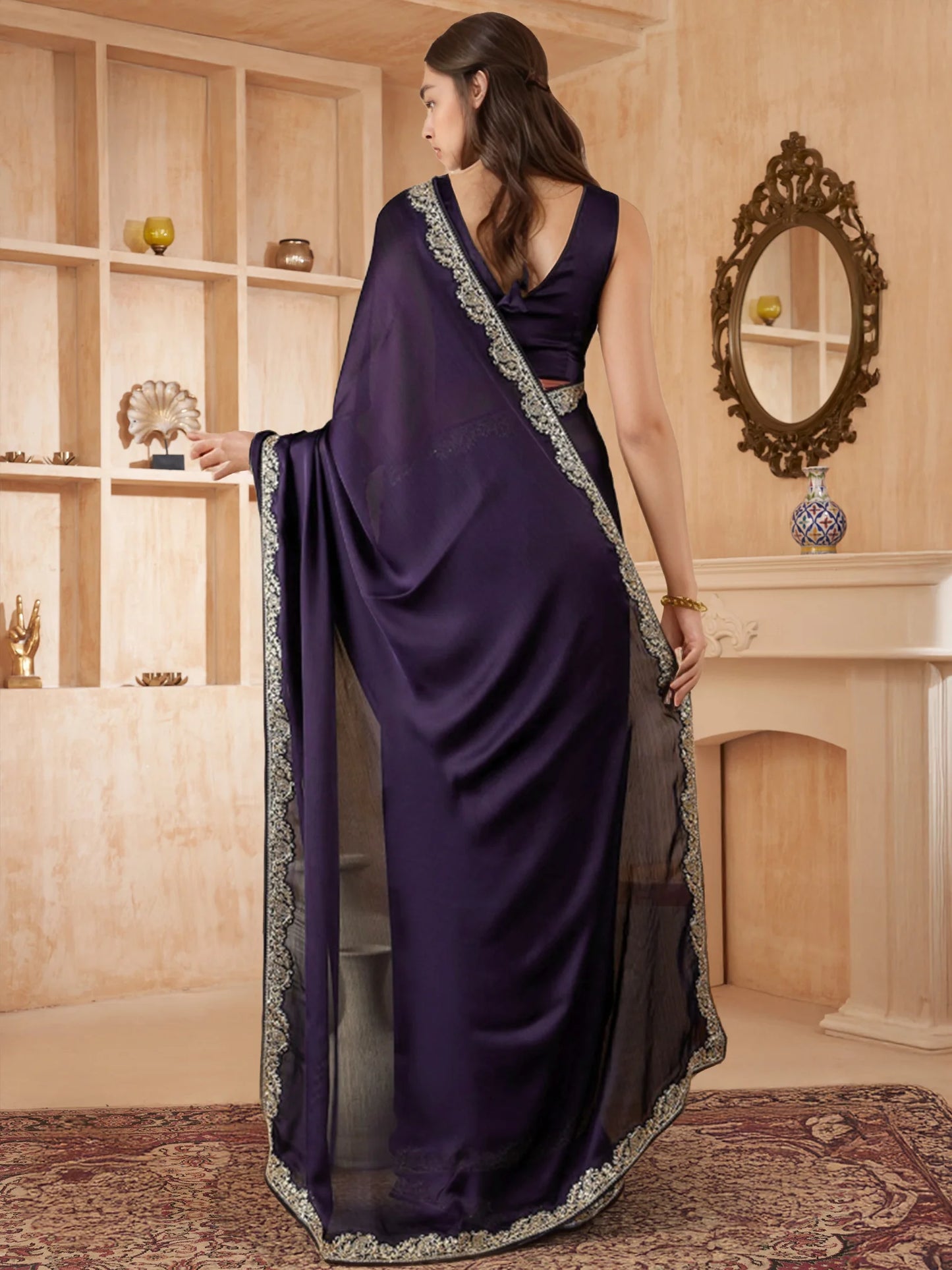 Plain Silk Saree in Bollywood Style Paired with Plain Blouse - Rheycart