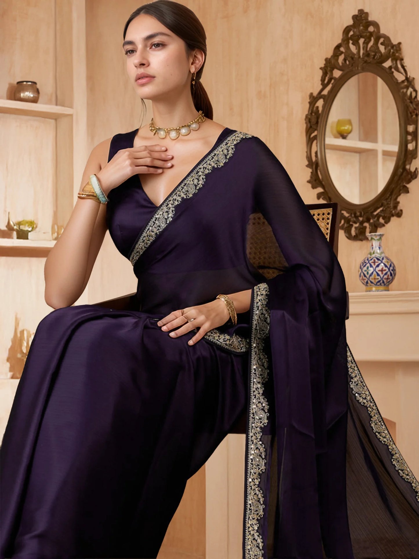Plain Silk Saree in Bollywood Style Paired with Plain Blouse - Rheycart
