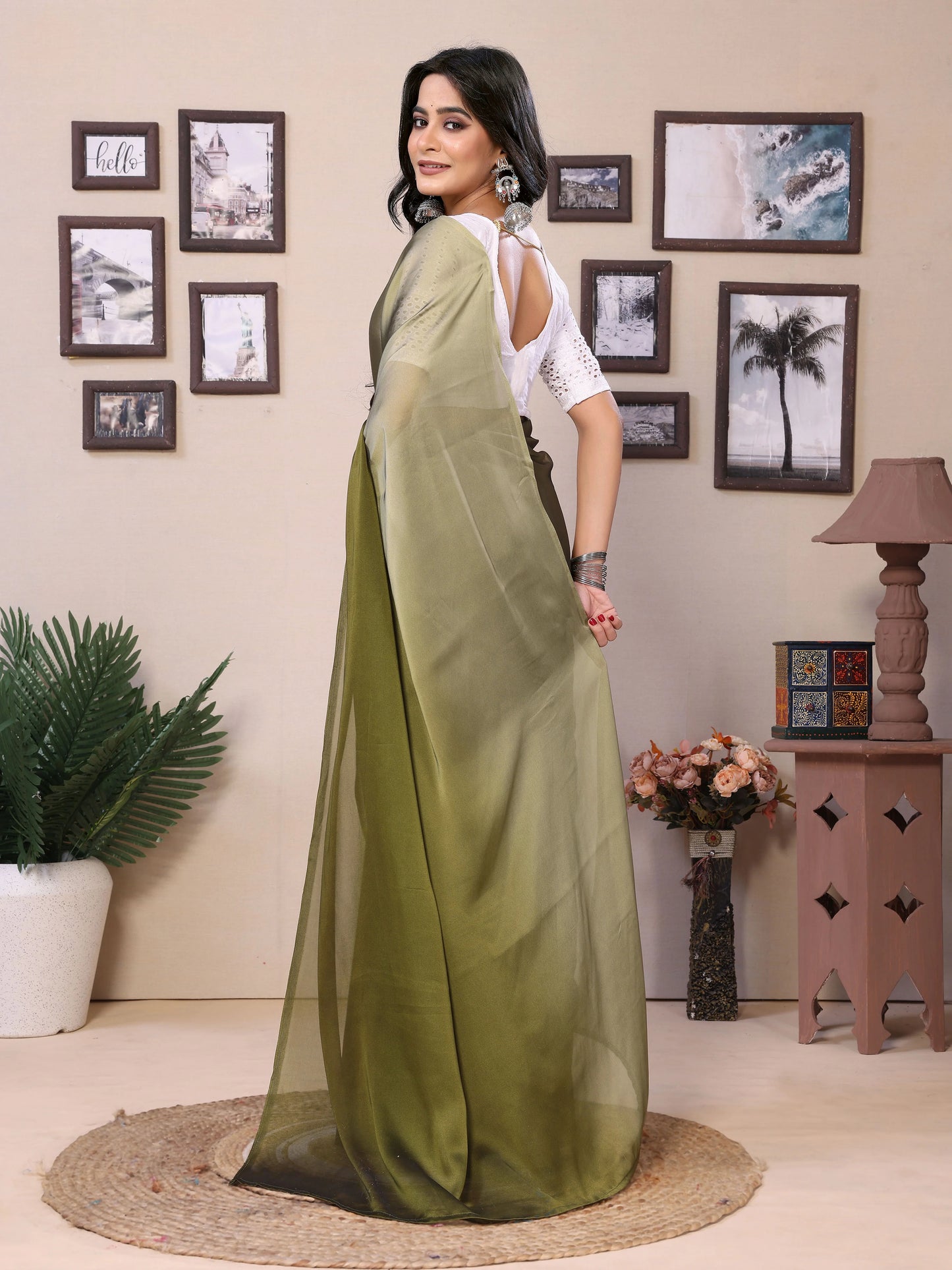 Mehendi satin saree for festive wear
