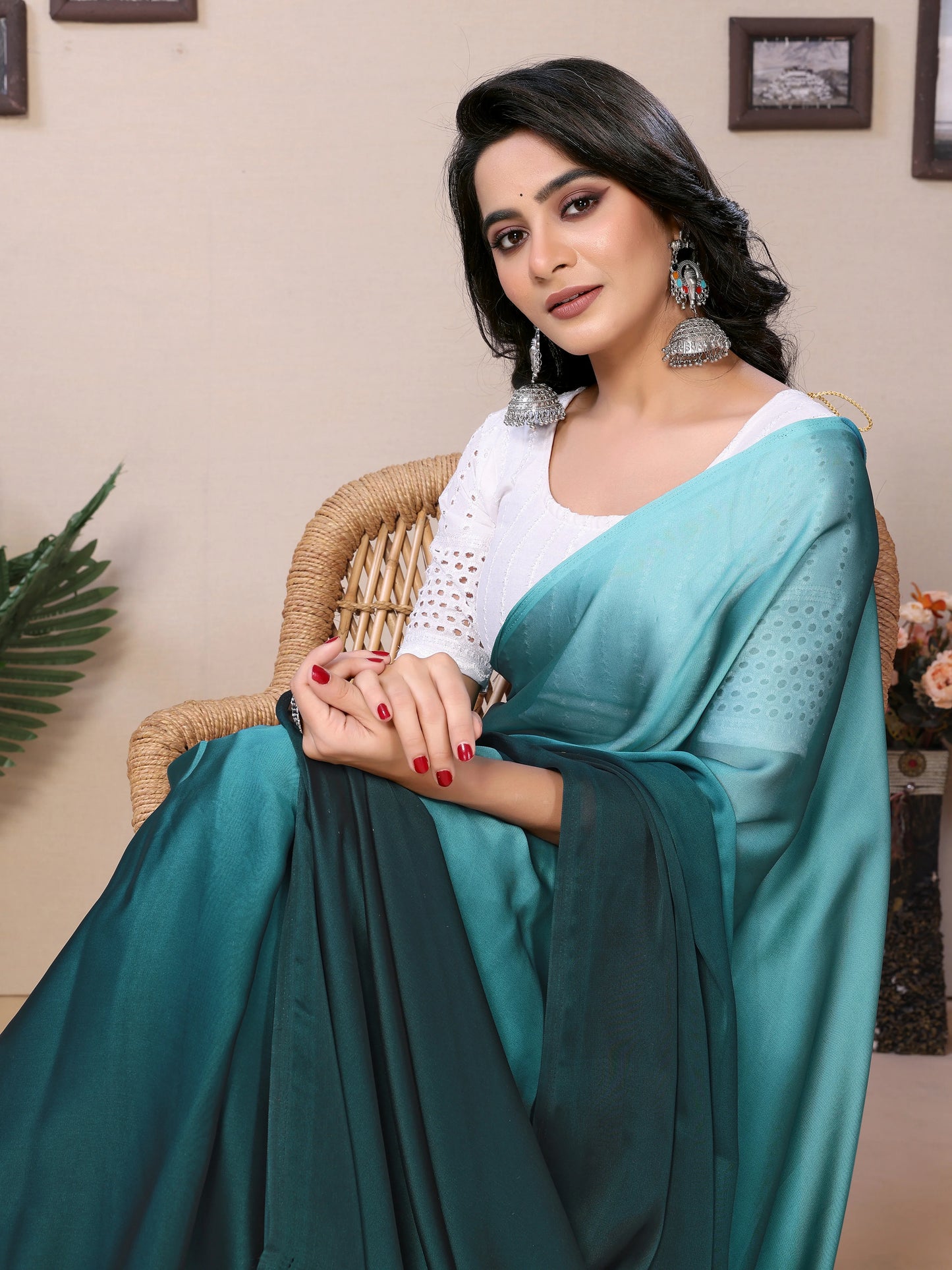 Pre-stitched teal satin saree for women