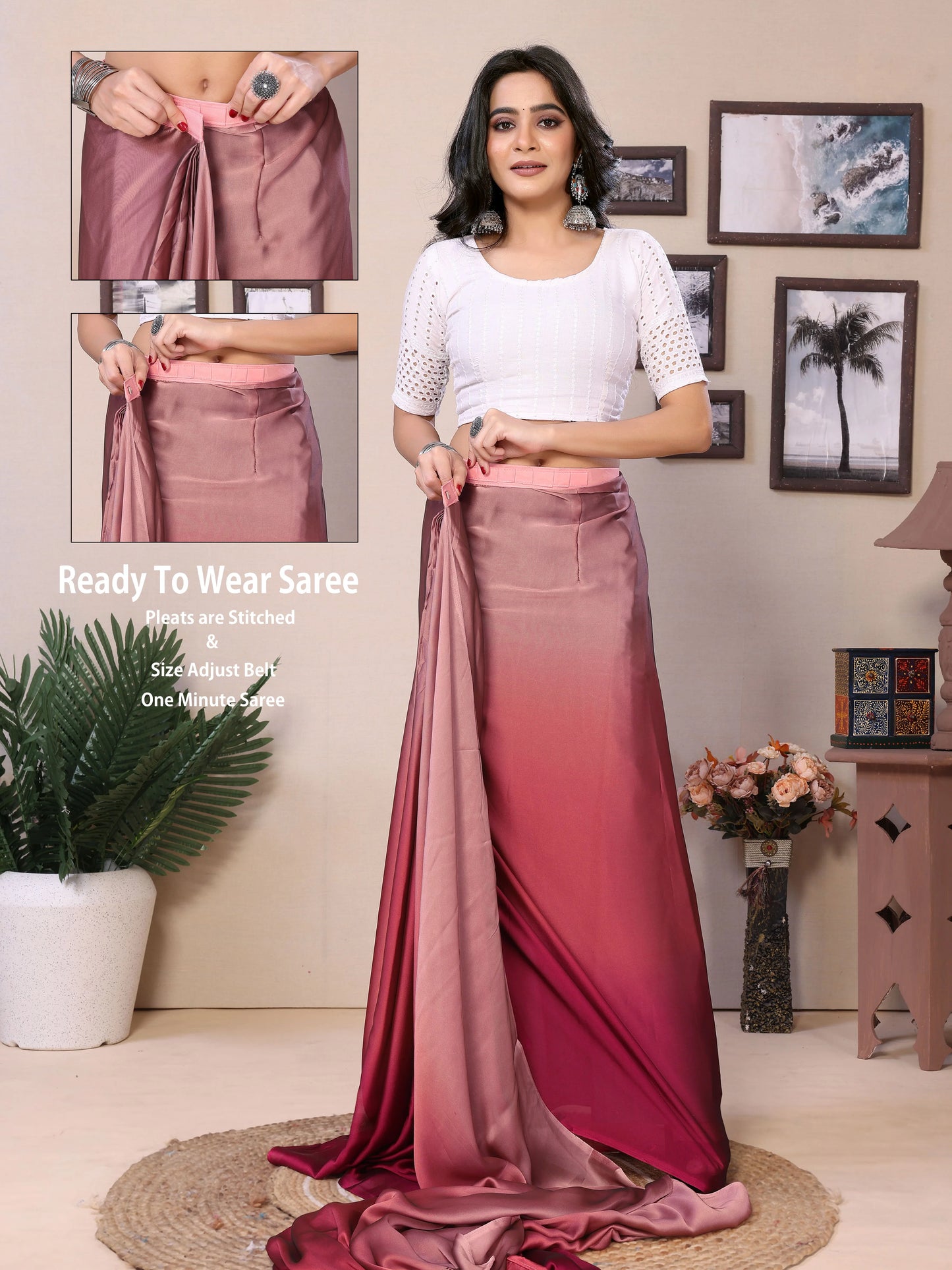 Elegant ombre ready saree pink and red