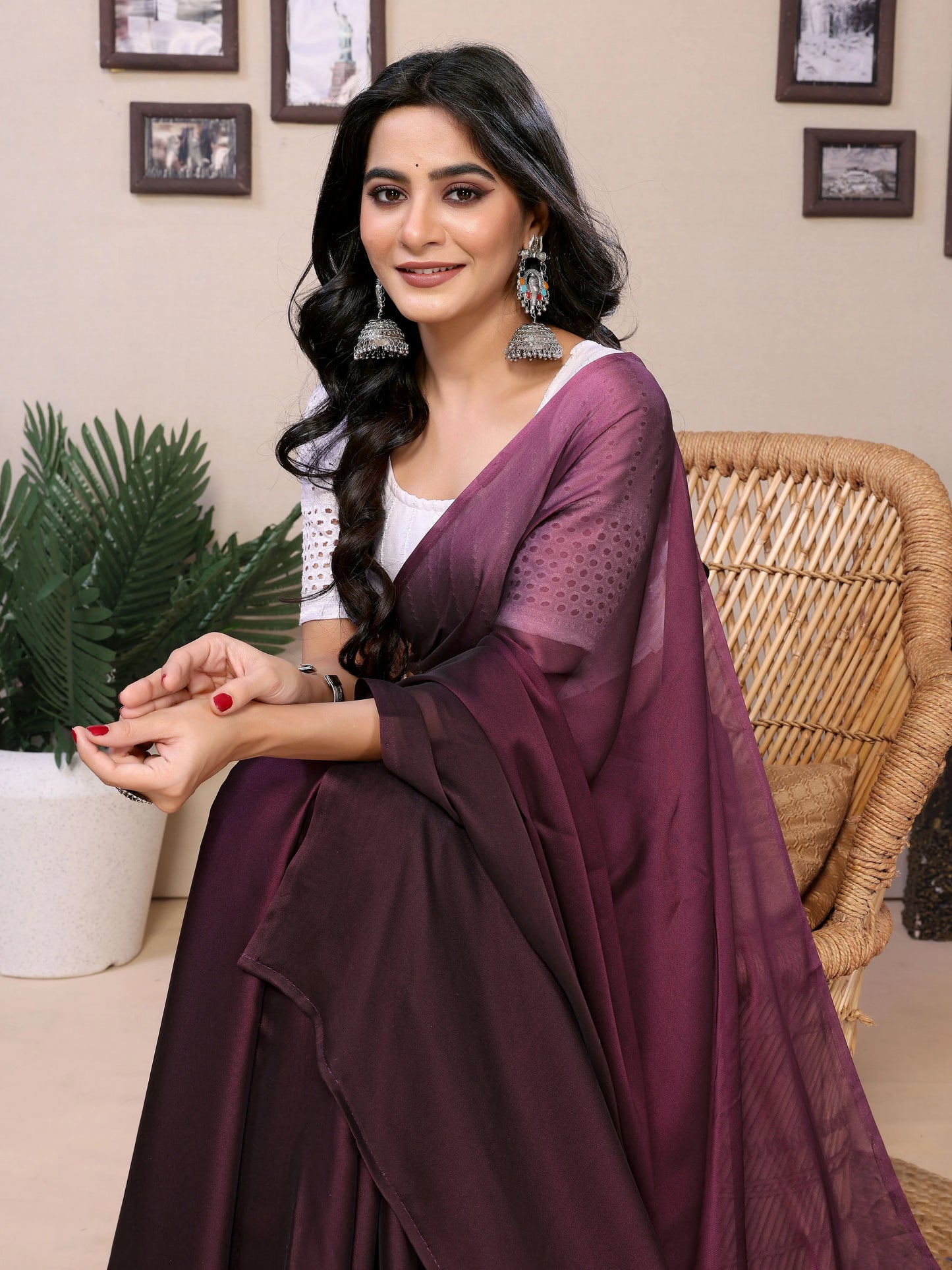 1-minute drape ombre satin saree maroon
