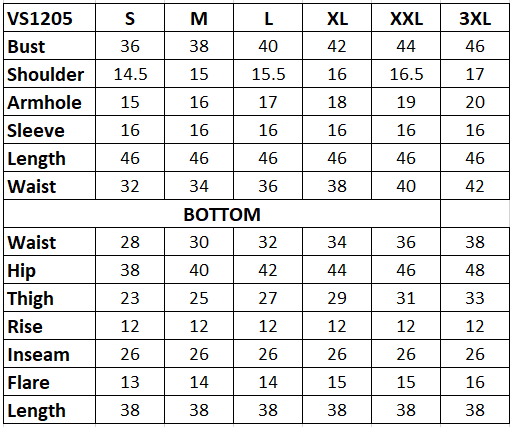 Measurement chart for clothing sizes S to 3XL with various dimensions.