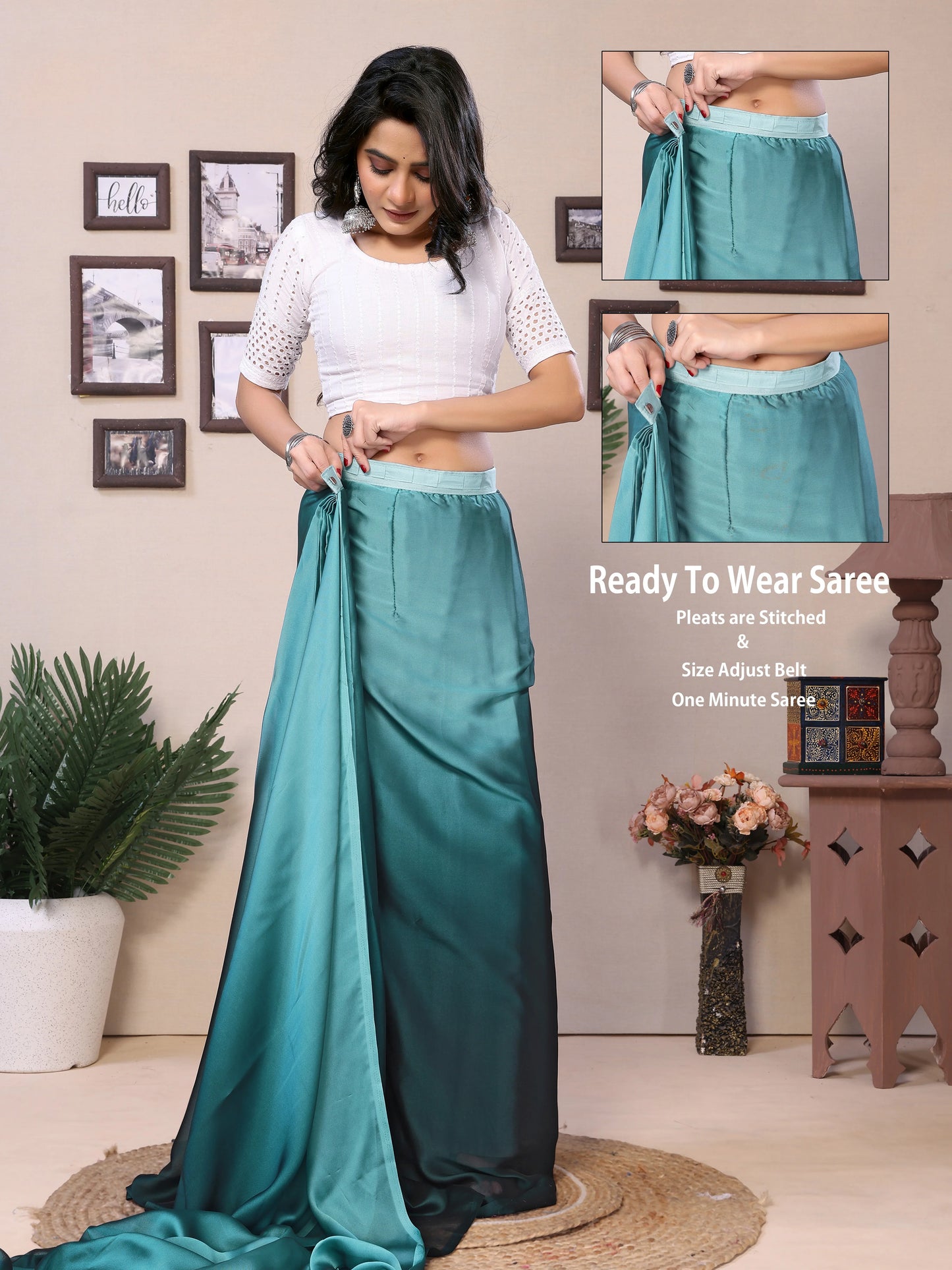 Readymade teal saree in satin fabric