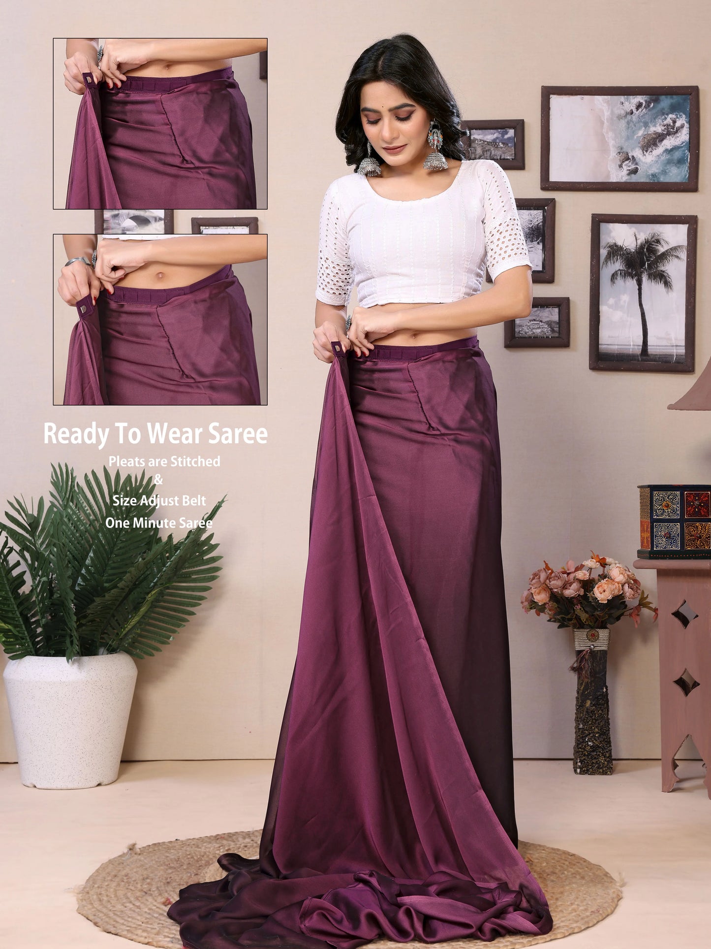 Deep tone maroon satin saree quick wear