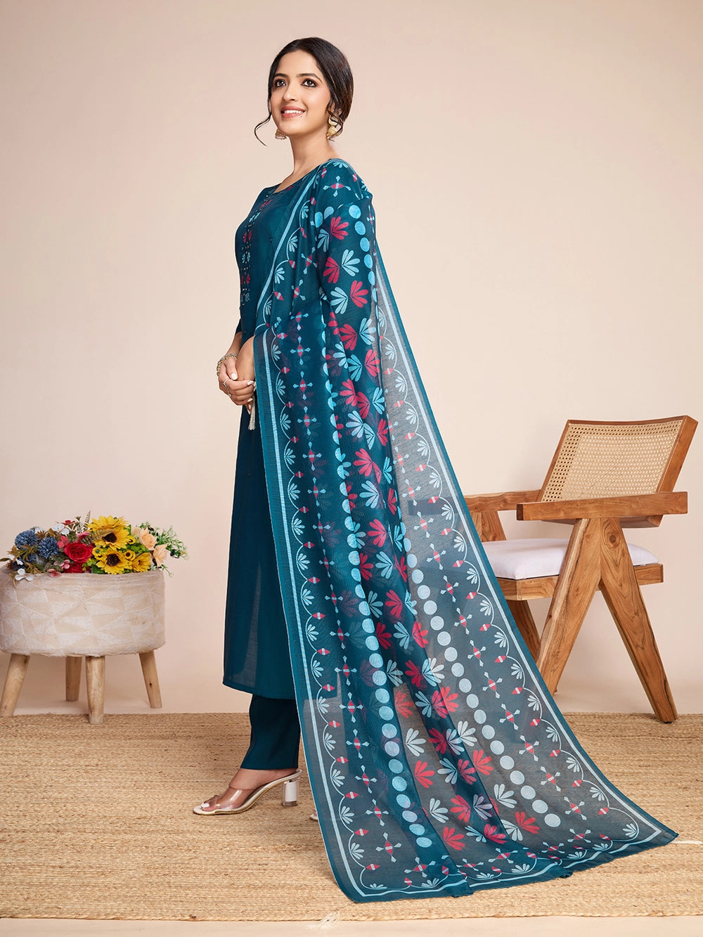 Teal Blue Embroidery Work Kurti Set For Women - Rheycart
