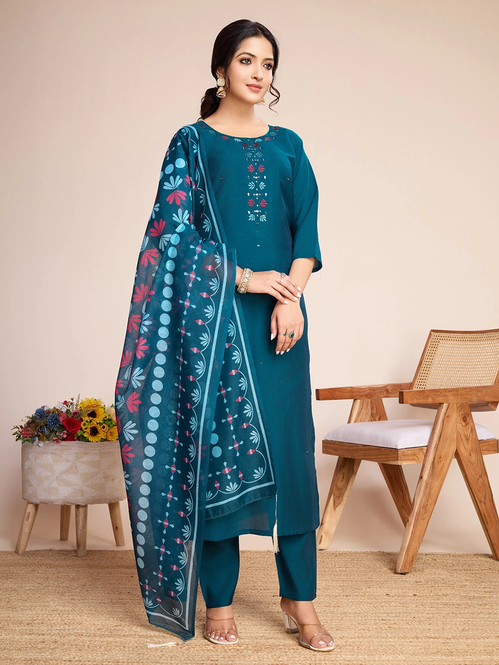 Teal Blue Embroidery Work Kurti Set For Women - Rheycart