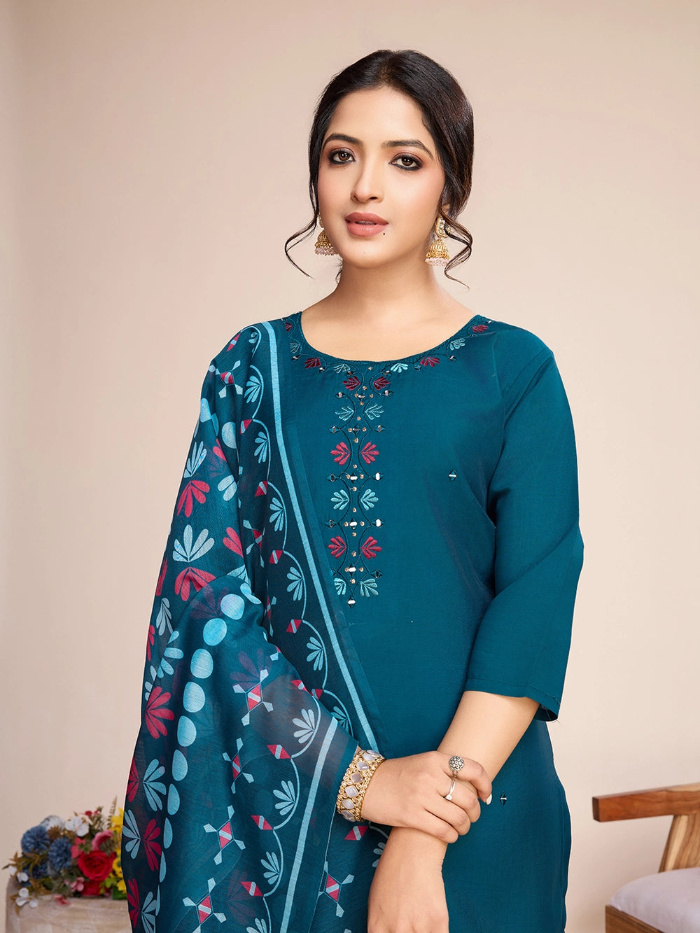Teal Blue Embroidery Work Kurti Set For Women - Rheycart