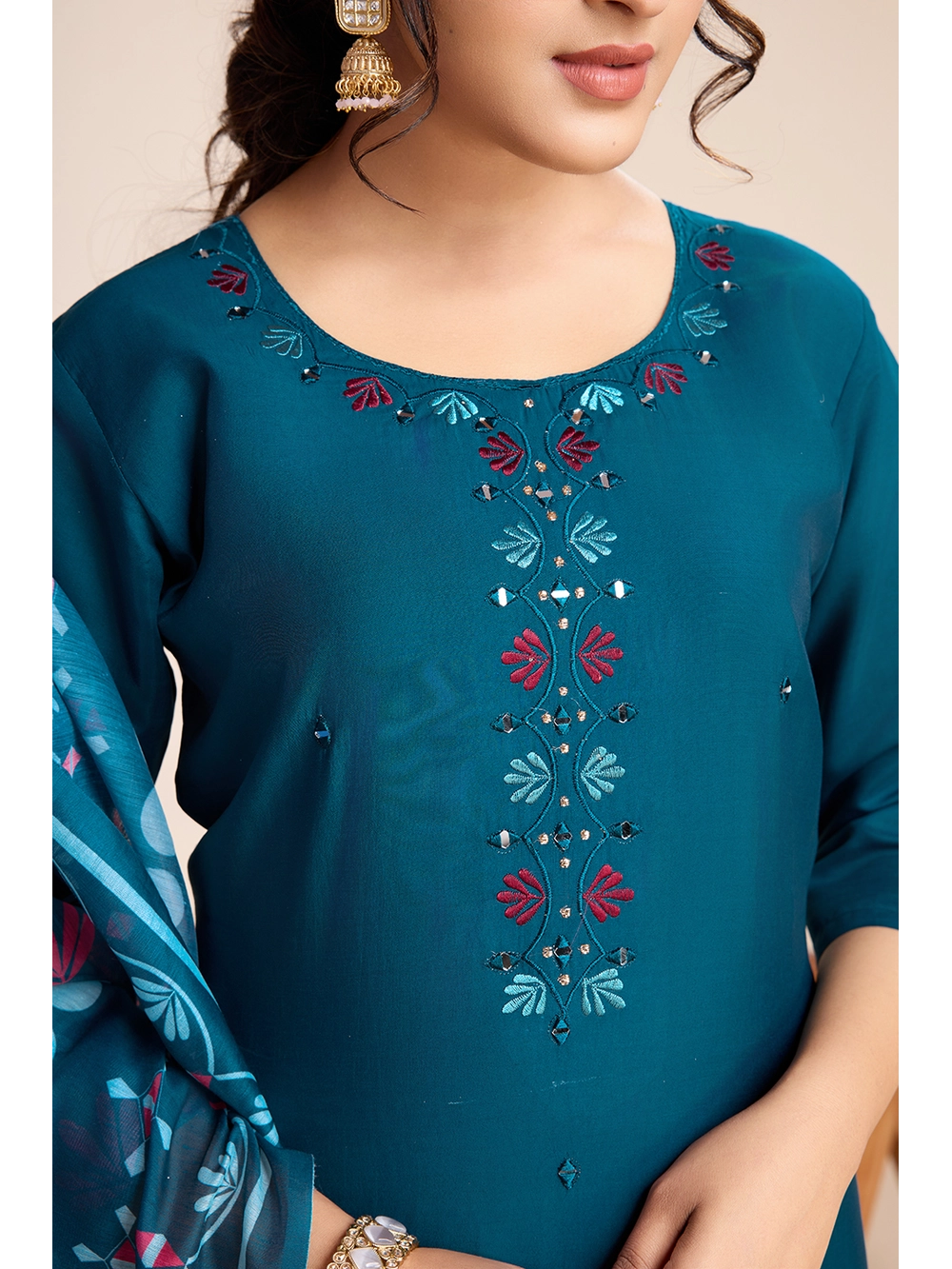 Teal Blue Embroidery Work Kurti Set For Women - Rheycart