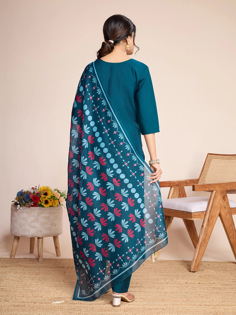 Teal Blue Embroidery Work Kurti Set For Women - Rheycart
