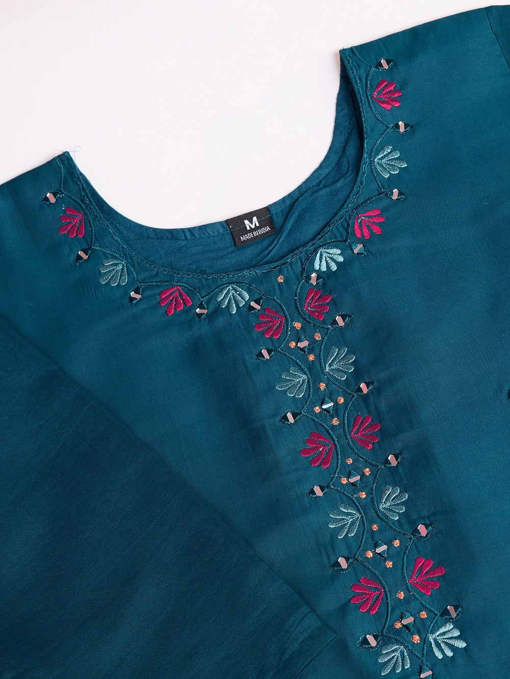 Teal Blue Embroidery Work Kurti Set For Women - Rheycart